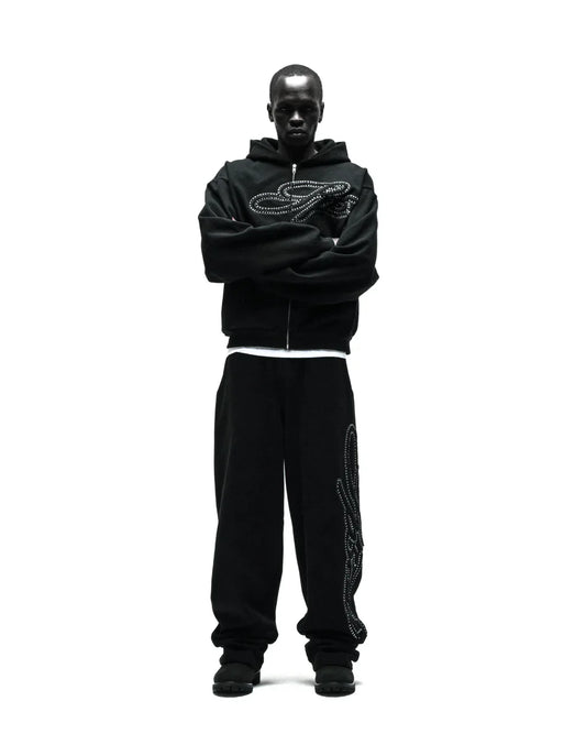 Sp5der Rhinestone Script Zip Tracksuit Black